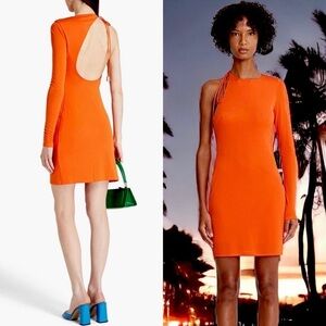 NWT HALSTON 70s One Shoulder Long Sleeve Asymmetric Back Cutout Tie Neck Dress 8